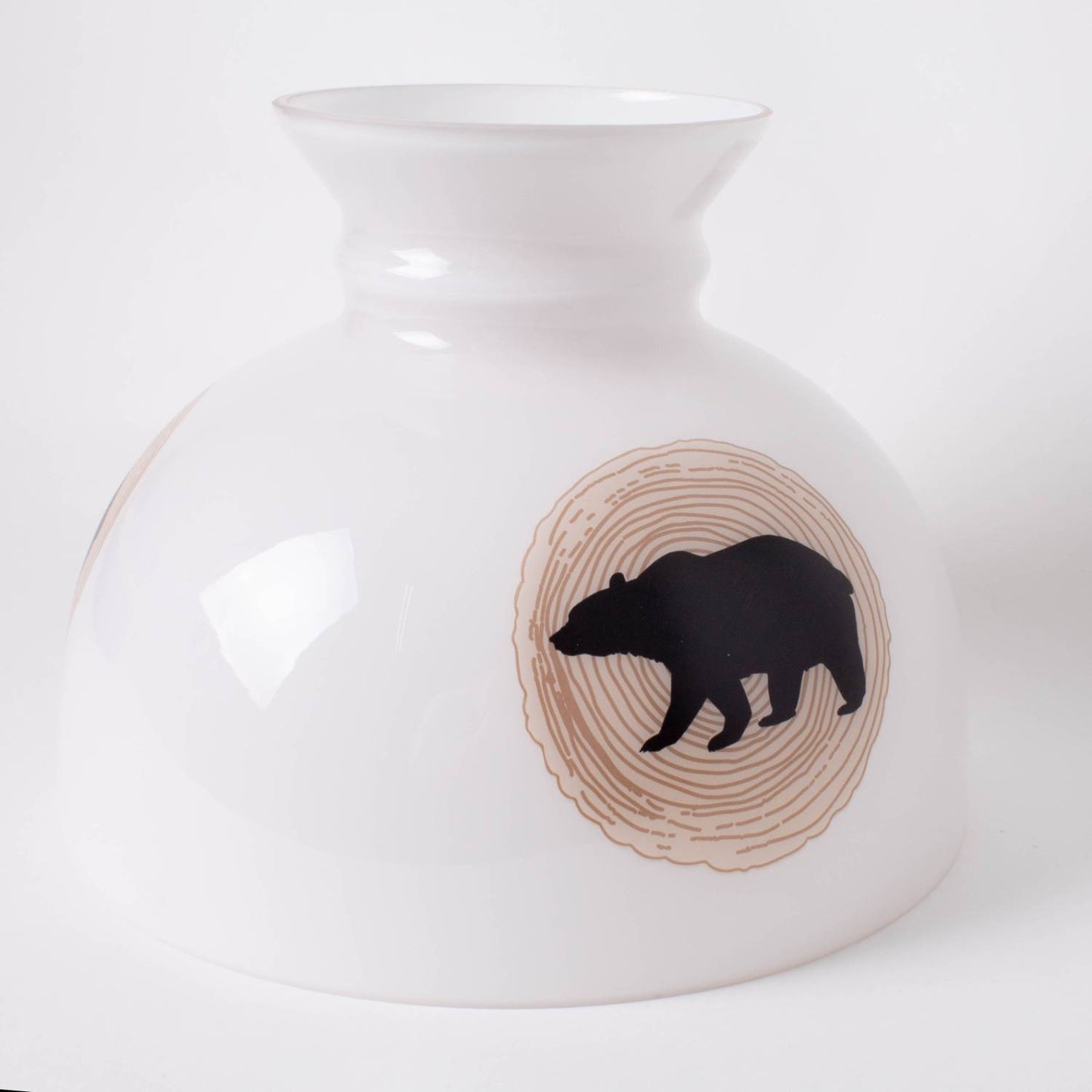 Handcrafted glass lamp shade featuring a smooth white finish with a rustic black bear silhouette set inside a wood grain circle, part of Lamps & Lighting, Parts and Accessories, Lamp Shades, Best Sellers, and Promo Eligible collections.