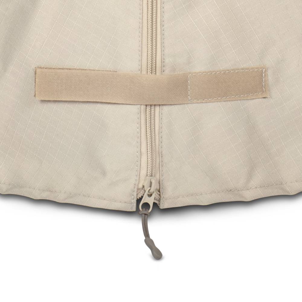 Close-up of a beige ripstop fabric cover with a full-length zipper and an exterior fastening strap, designed for quick and secure use, part of Farm, Garden & Tool, Camping, Best Sellers, and Promo Eligible collections.