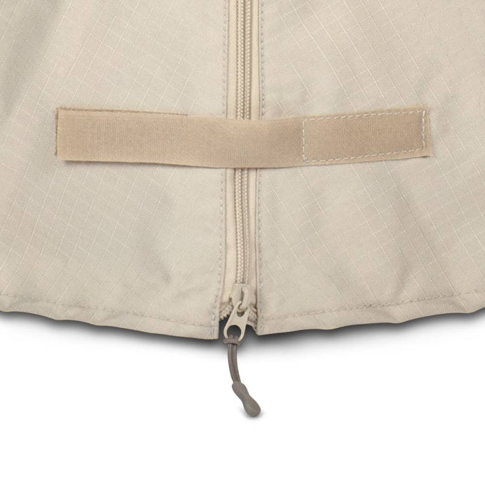 Close-up of a beige ripstop fabric cover with a full-length zipper and an exterior fastening strap, designed for quick and secure use, part of Farm, Garden & Tool, Camping, Best Sellers, and Promo Eligible collections.