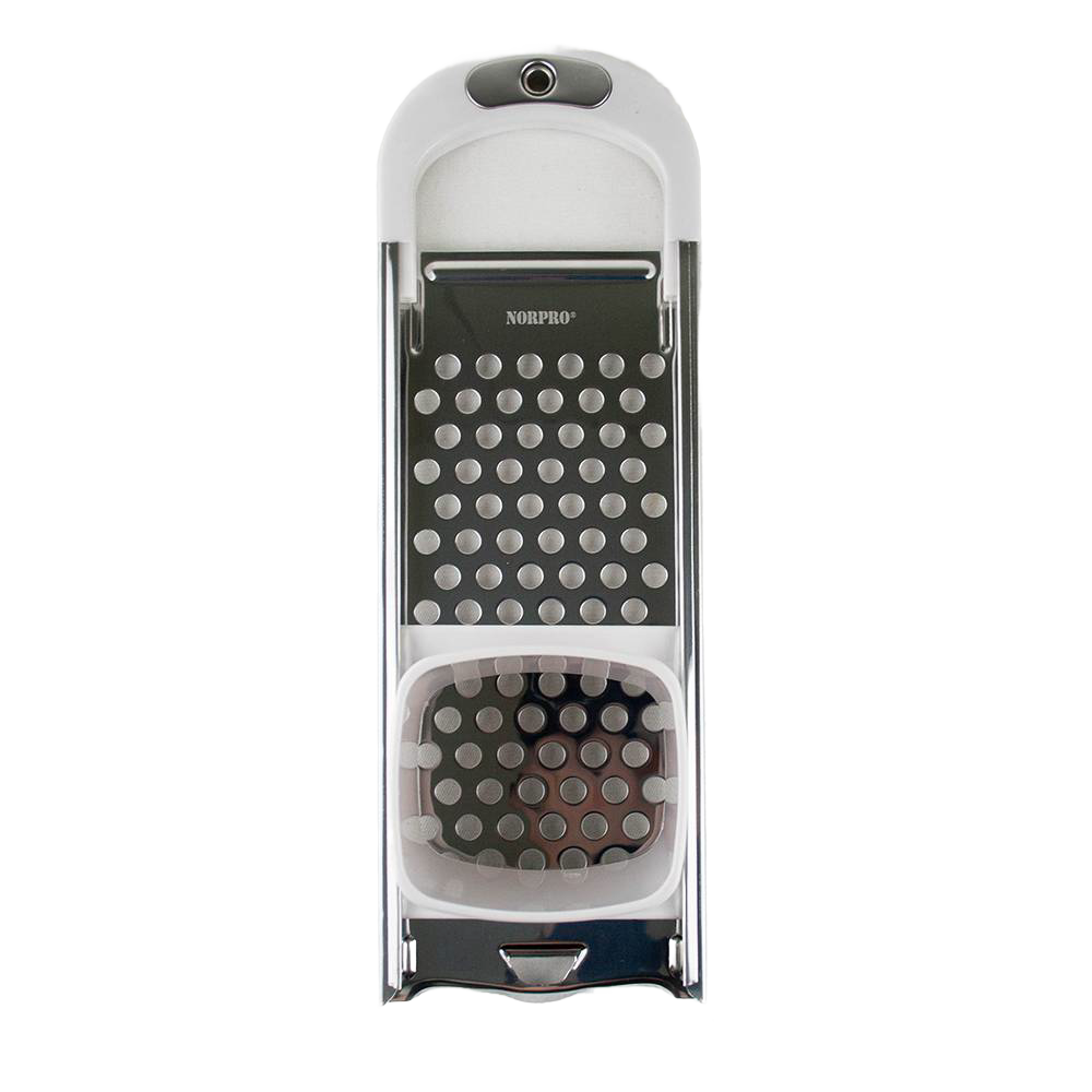 Stainless steel grater with white plastic frame and hand guard, designed as a kitchen gadget for grating dough or vegetables, ideal for Kitchen & Food, Cookware, Baking Supplies, and Best Sellers collections.