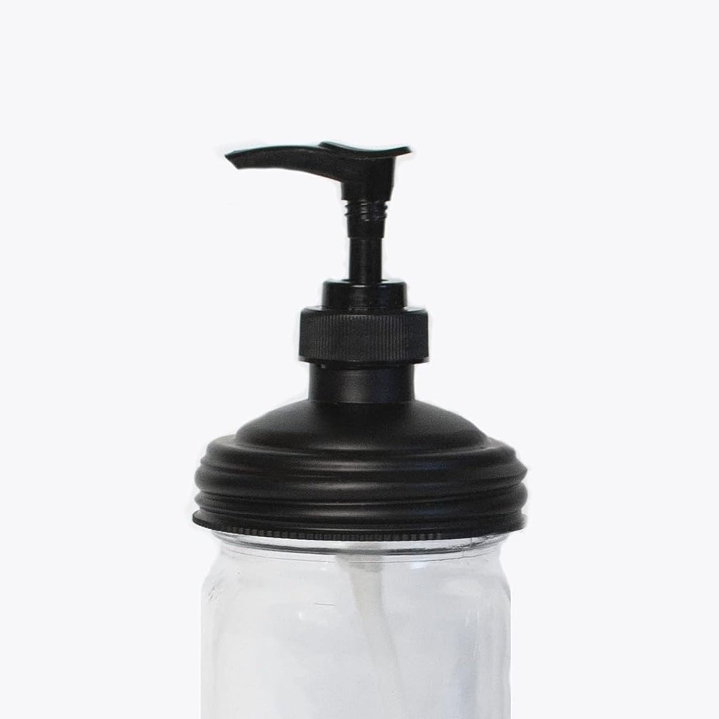 Black soap pump lid with adjustable dispensing tube fitted on a clear regular-mouth mason jar, crafted in USA for reusable, eco-conscious use in Health & Wellness and Home & Decor collections.
