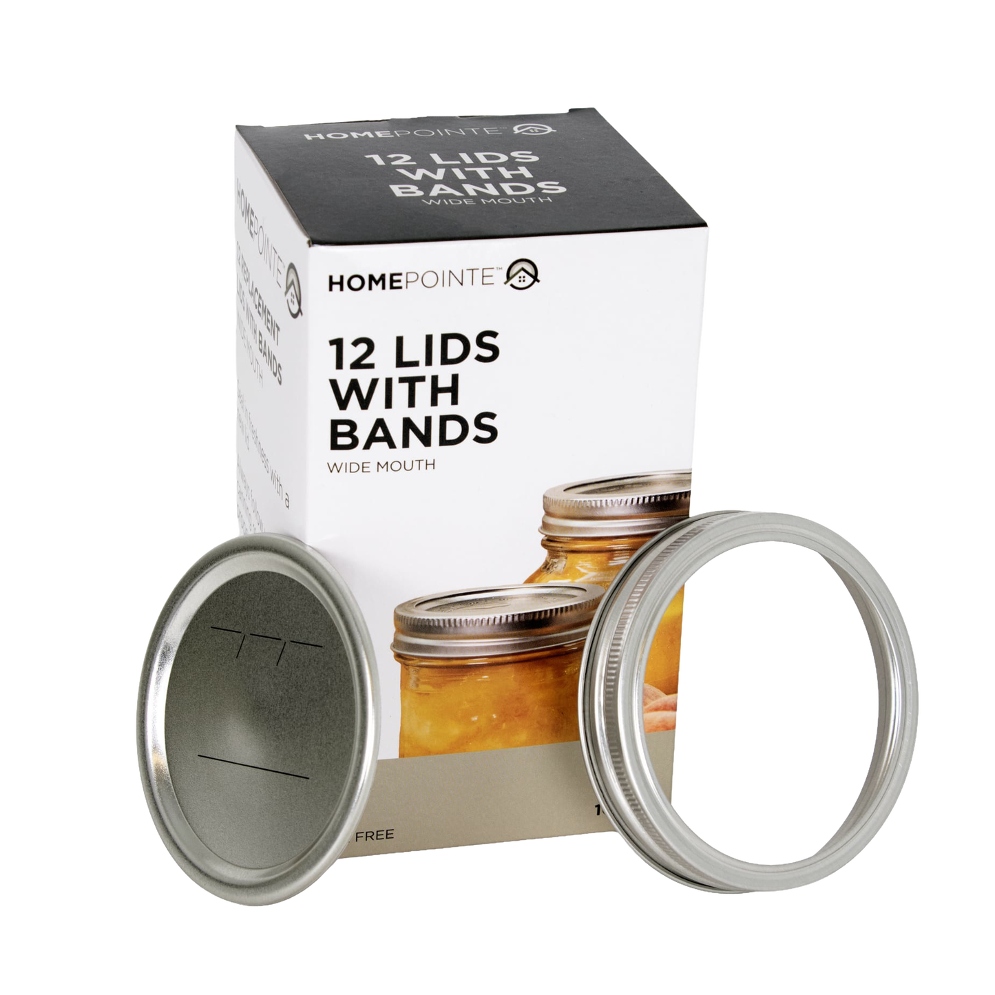 Box of 12 wide-mouth canning lids and metal screw bands with BPA-free sealing compound, suitable for Food Preservation, Kitchen & Food, and Canning Jar Lids and Bands collections.