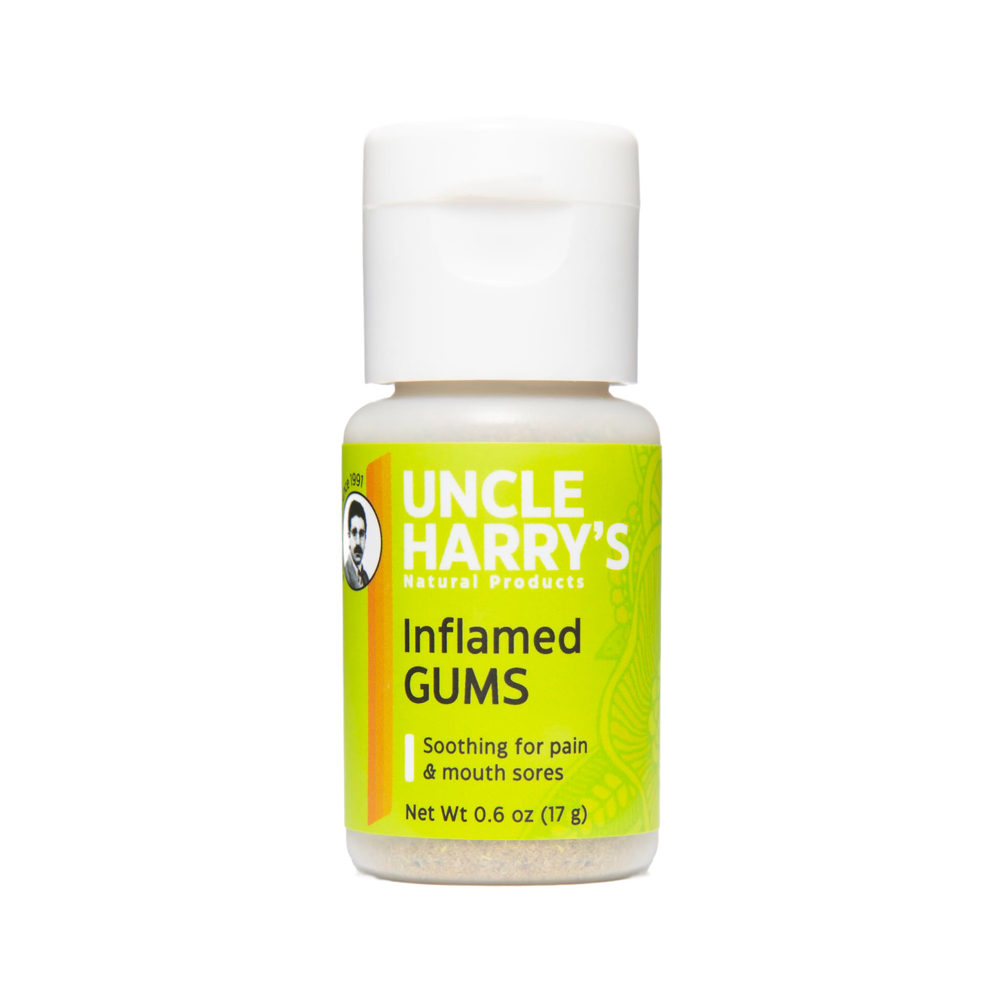 Small handcrafted bottle of Uncle Harry’s tooth powder for soothing inflamed gums and mouth sores, made in USA, featured in Health & Wellness and Grooming and Personal Hygiene collections.