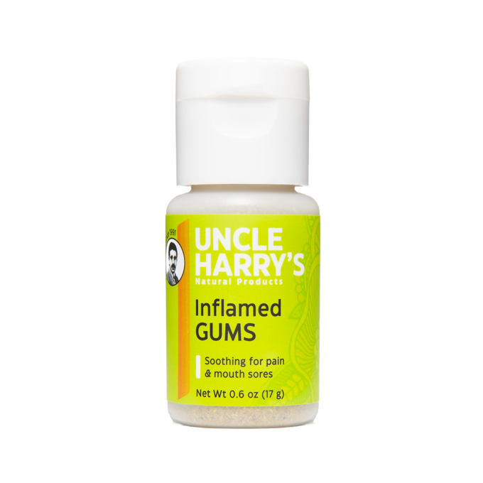 Small handcrafted bottle of Uncle Harry’s tooth powder for soothing inflamed gums and mouth sores, made in USA, featured in Health & Wellness and Grooming and Personal Hygiene collections.