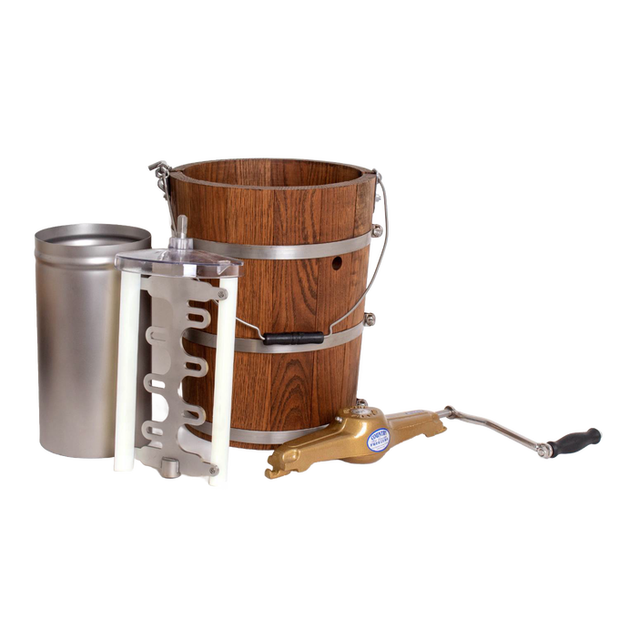 Handcrafted Amish-made wooden ice cream freezer with metal bands, durable crank handle, and stainless steel inner container, ideal for Kitchen & Food, Specialty Equipment, and USA Made collections.