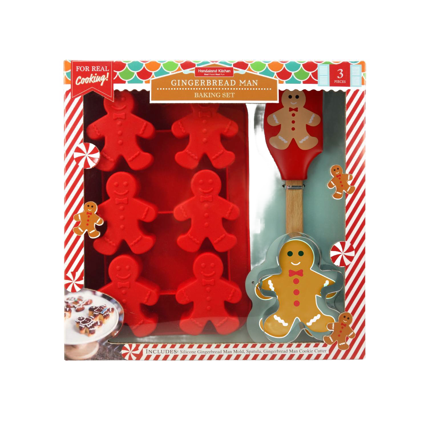 3-piece gingerbread man baking set featuring a red silicone cupcake mold, wooden-handled spatula, and metal cookie cutter, ideal for Kitchen & Food, Cookware, and Baking Supplies collections.