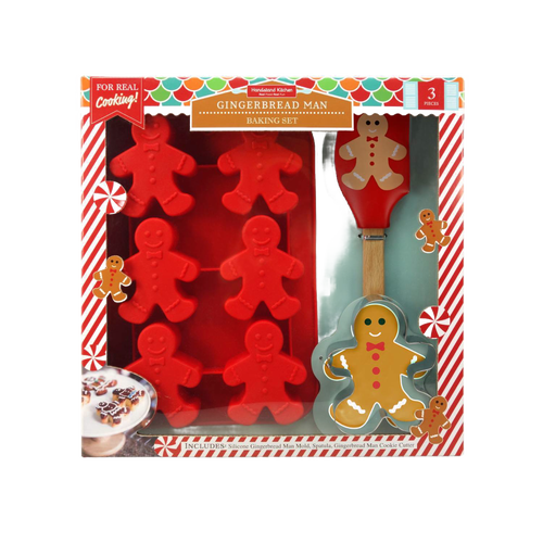 3-piece gingerbread man baking set featuring a red silicone cupcake mold, wooden-handled spatula, and metal cookie cutter, ideal for Kitchen & Food, Cookware, and Baking Supplies collections.