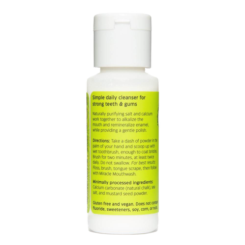 White plastic 2 oz bottle with bright green label describing natural tooth powder ingredients, daily use directions, and benefits for strong teeth and gums, featured in Health & Wellness, Grooming, and USA Made collections.