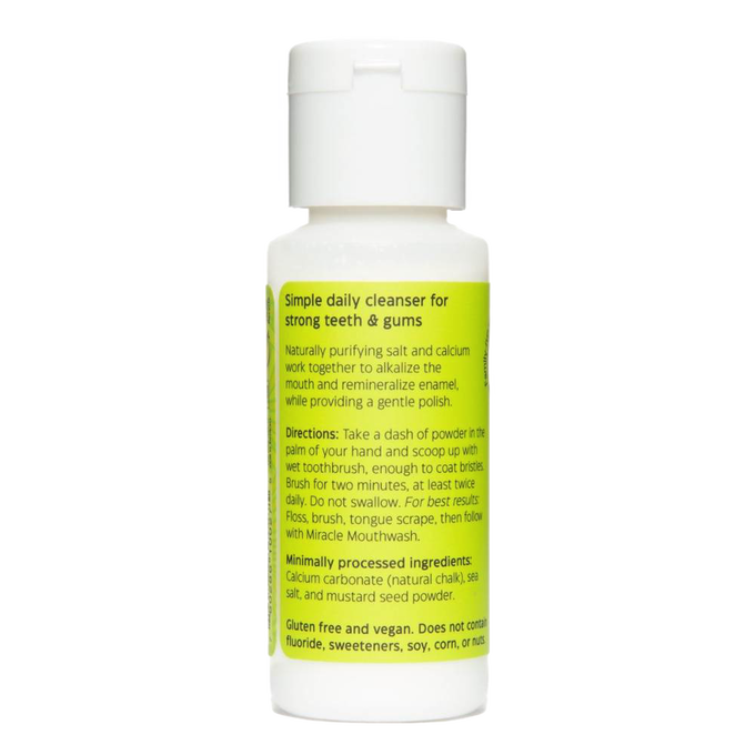 White plastic 2 oz bottle with bright green label describing natural tooth powder ingredients, daily use directions, and benefits for strong teeth and gums, featured in Health & Wellness, Grooming, and USA Made collections.