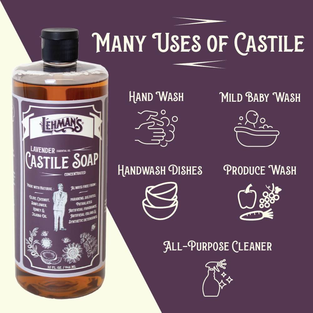 Amber bottle of Lehman's handcrafted lavender castile soap showing various uses like hand wash, baby wash, dish wash, produce wash, and all-purpose cleaner for health, grooming, and USA made collections.