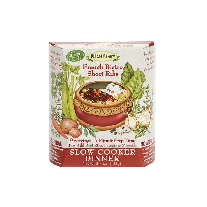 Handcrafted all-natural slow cooker dinner mix for French Bistro short ribs with gluten-free ingredients, low sodium, no preservatives, made in USA, ideal for Kitchen & Food and Dry Goods collections.
