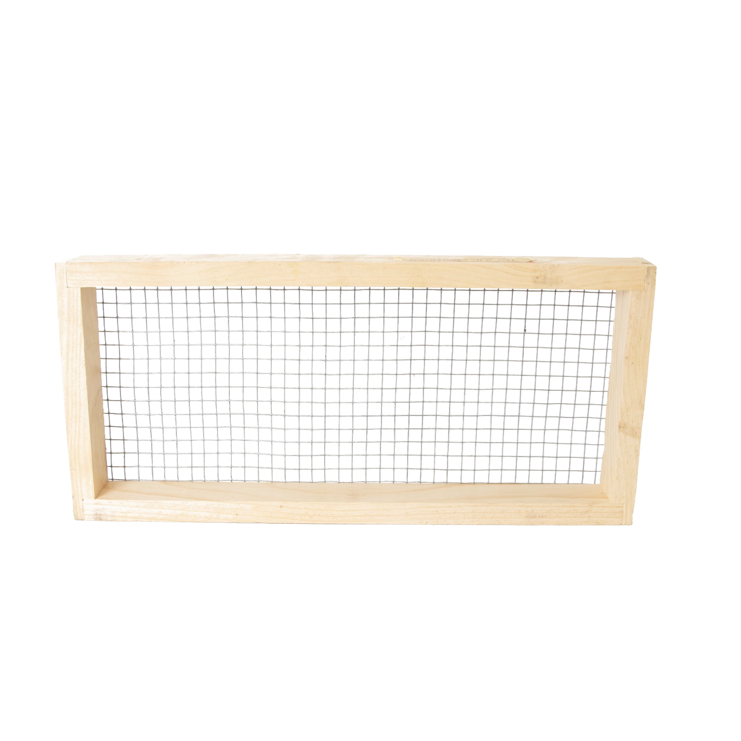 Handmade wooden frame with metal mesh designed for beekeeping use, Amish made and USA crafted, suitable for 5-frame hives in farm, garden, and tool collections.