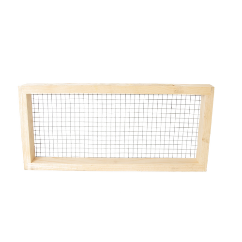 Handmade wooden frame with metal mesh designed for beekeeping use, Amish made and USA crafted, suitable for 5-frame hives in farm, garden, and tool collections.