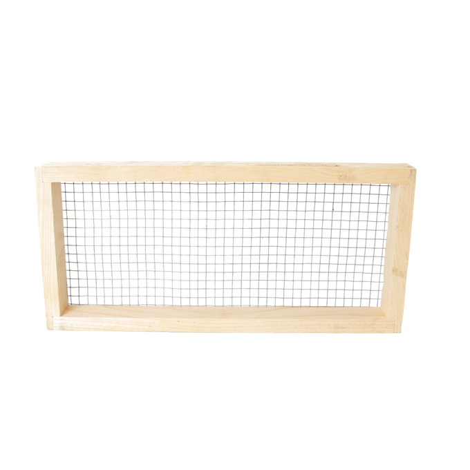Handmade wooden frame with metal mesh designed for beekeeping use, Amish made and USA crafted, suitable for 5-frame hives in farm, garden, and tool collections.