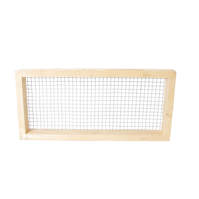 Handmade wooden frame with metal mesh designed for beekeeping use, Amish made and USA crafted, suitable for 5-frame hives in farm, garden, and tool collections.