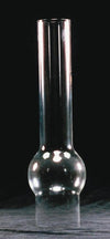 Tall clear glass chimney with a distinctive bulbous midsection, designed for lamps and lighting, ideal for parts and accessories, chimneys and globes collections.