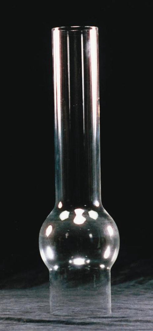 Tall clear glass chimney with a distinctive bulbous midsection, designed for lamps and lighting, ideal for parts and accessories, chimneys and globes collections.