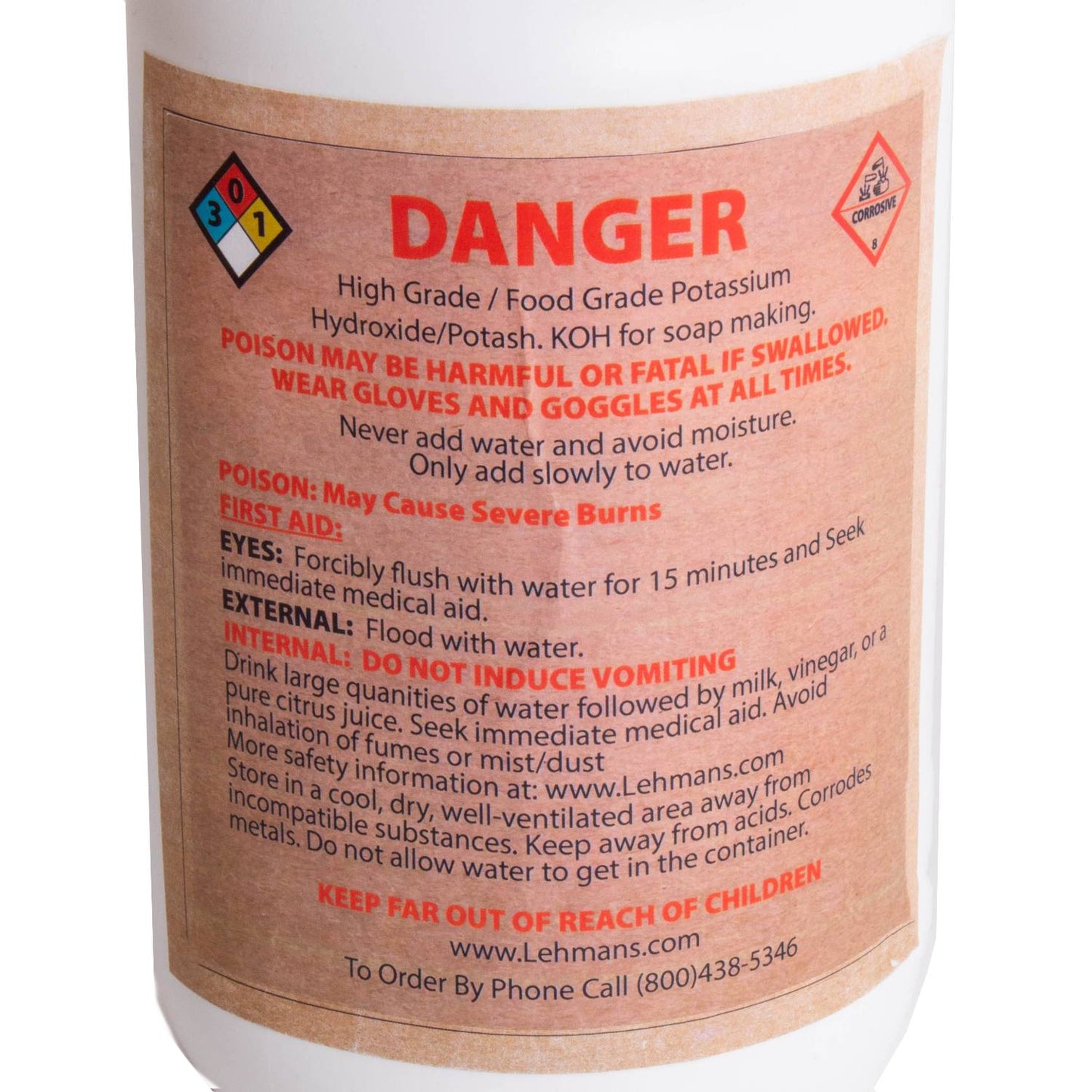 Close-up of a high-grade potassium hydroxide (potash) container label with safety warnings, first aid instructions, and handling precautions for soapmaking, featured in Health & Wellness and Soapmaking Supplies collections.