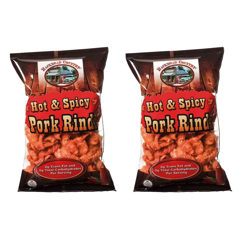 Two bags of handcrafted hot and spicy pork rinds made in USA, a savory snack popular in Kitchen & Food, Food, Snacks and Sweets, USA Made, Best Sellers, and Promo Eligible collections.