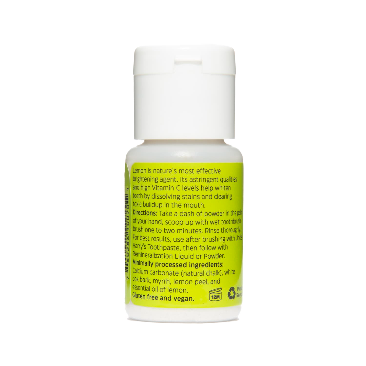Small white plastic bottle with a bright yellow label describing natural ingredients and usage directions for handcrafted tooth whitener powder, featured in Health & Wellness and Grooming collections.