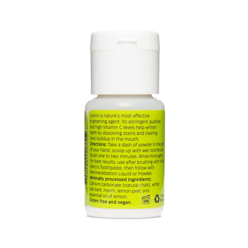 Small white plastic bottle with a bright yellow label describing natural ingredients and usage directions for handcrafted tooth whitener powder, featured in Health & Wellness and Grooming collections.