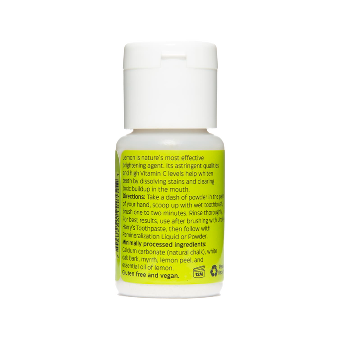 Small white plastic bottle with a bright yellow label describing natural ingredients and usage directions for handcrafted tooth whitener powder, featured in Health & Wellness and Grooming collections.