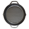 Top-down view of a handcrafted black cast iron grill pan with dual handles, featuring raised ridges for searing, designed for kitchen and cookware collections emphasizing USA made cast iron cookware.