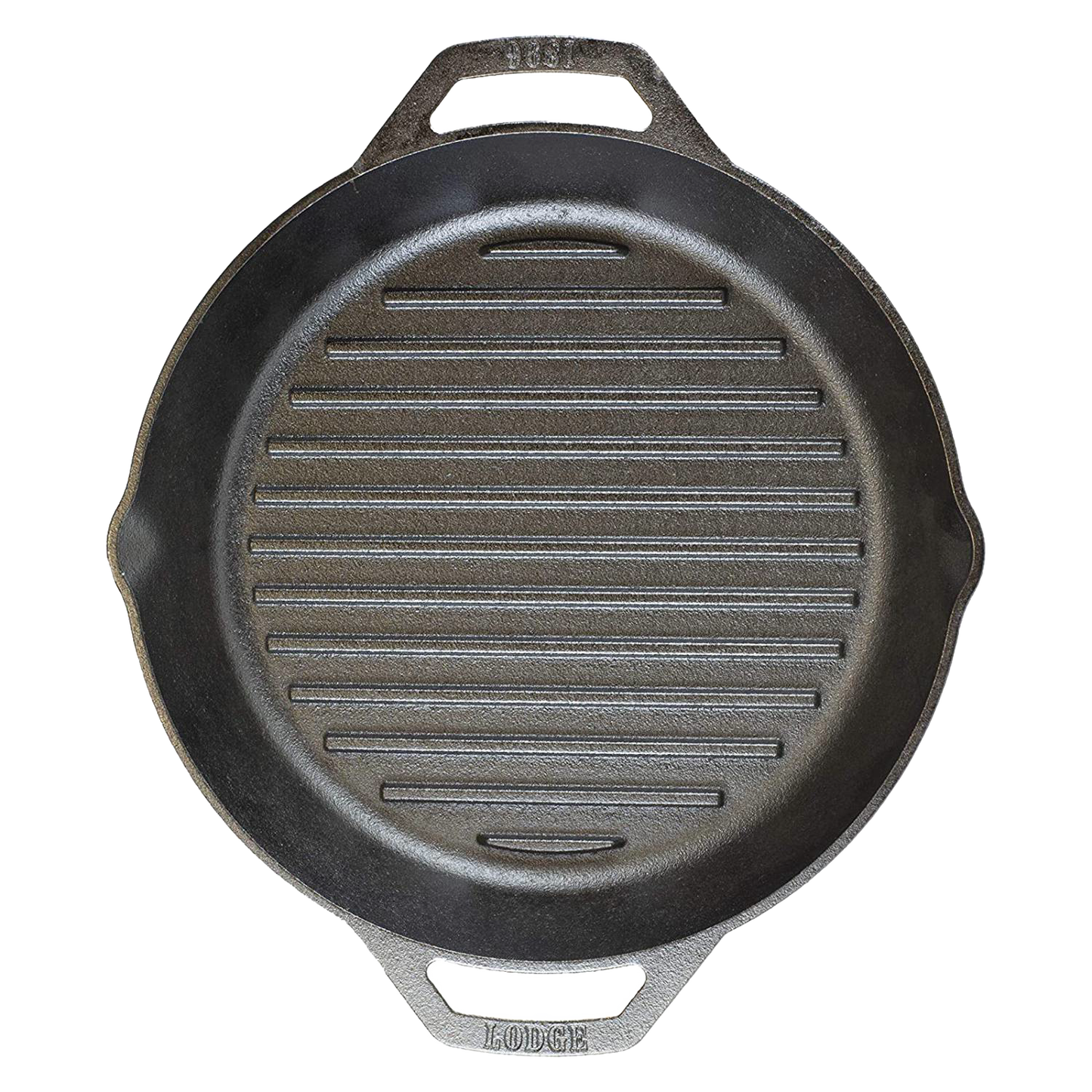 Top-down view of a handcrafted black cast iron grill pan with dual handles, featuring raised ridges for searing, designed for kitchen and cookware collections emphasizing USA made cast iron cookware.