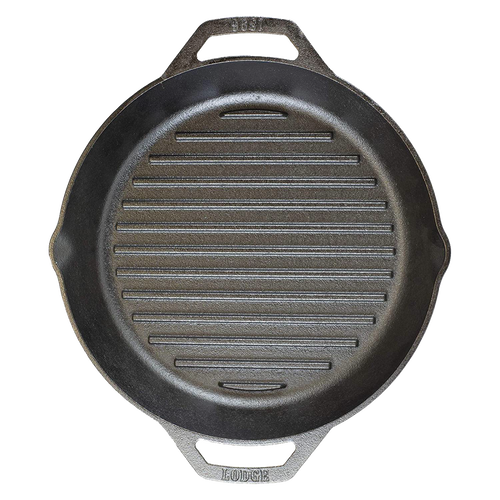 Top-down view of a handcrafted black cast iron grill pan with dual handles, featuring raised ridges for searing, designed for kitchen and cookware collections emphasizing USA made cast iron cookware.