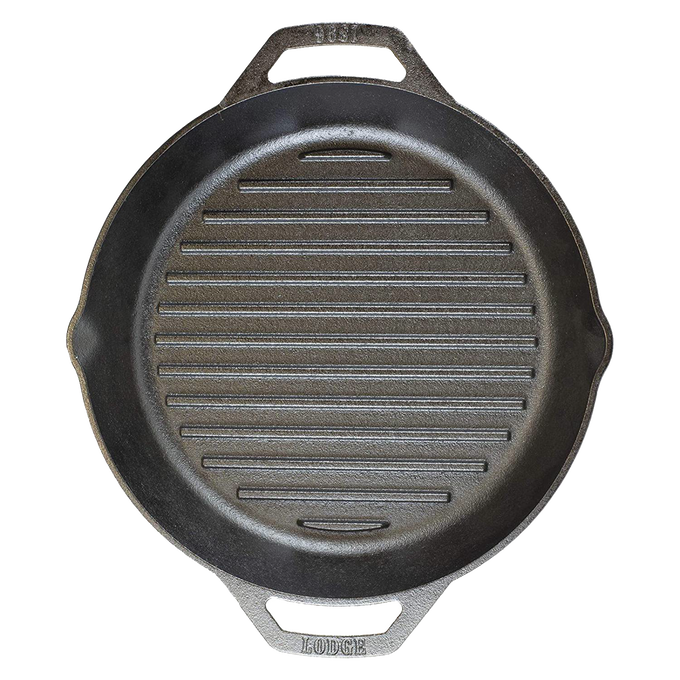 Top-down view of a handcrafted black cast iron grill pan with dual handles, featuring raised ridges for searing, designed for kitchen and cookware collections emphasizing USA made cast iron cookware.