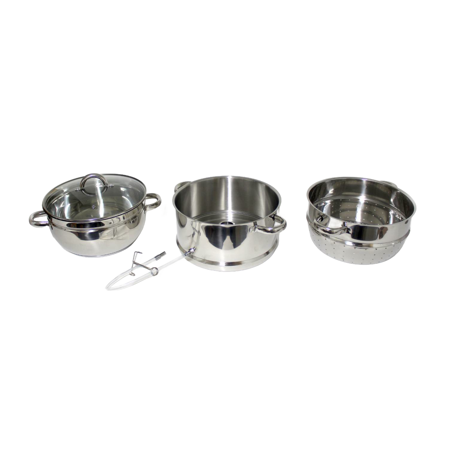 Three-piece stainless steel steam juicer set including a glass lid pot, middle cooking chamber, and perforated fruit basket, designed for stovetop use in Kitchen & Food and Juicers and Steamers collections.