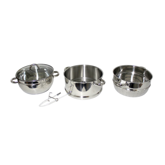 Three-piece stainless steel steam juicer set including a glass lid pot, middle cooking chamber, and perforated fruit basket, designed for stovetop use in Kitchen & Food and Juicers and Steamers collections.