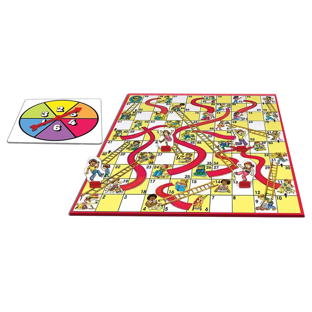 Colorful classic board game featuring numbered squares with red chutes and ladders, included spinner for gameplay, ideal for family fun in Toys, Books & Games collections.