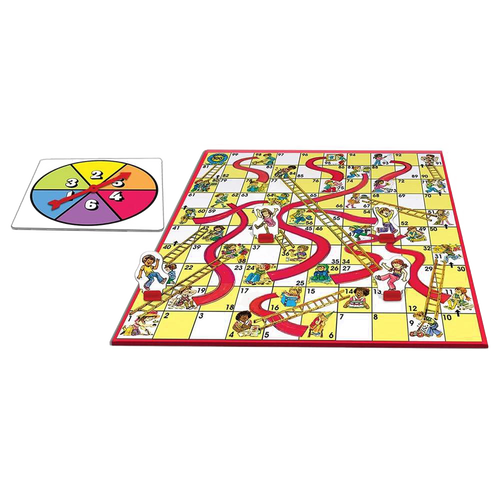 Colorful classic board game featuring numbered squares with red chutes and ladders, included spinner for gameplay, ideal for family fun in Toys, Books & Games collections.