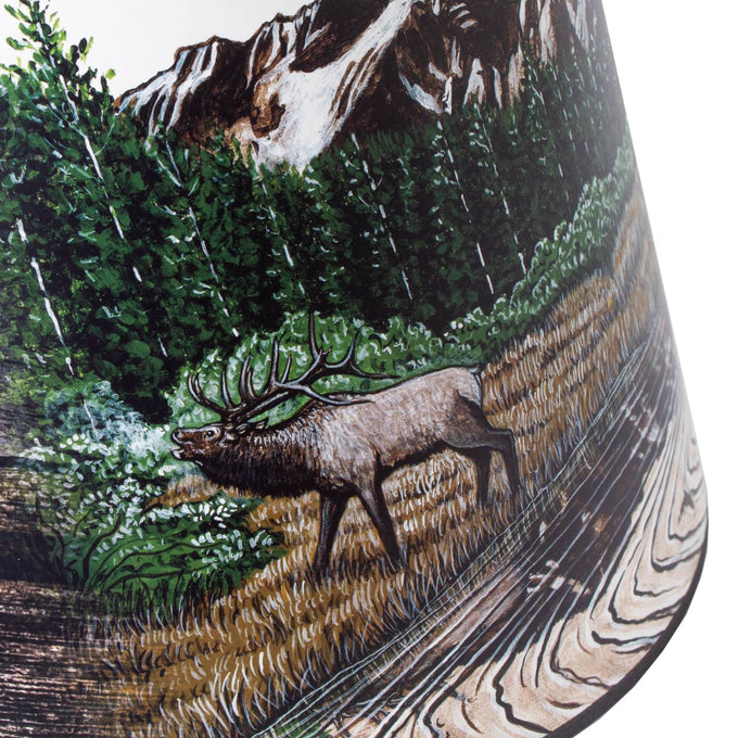 Close-up of a Rocky Mountain scenic parchment lamp shade featuring a detailed elk in a forest clearing with mountain peaks in the background, suited for Lamps & Lighting, Oil Lamps, Table Lamps, Best Sellers, and Promo Eligible collections.