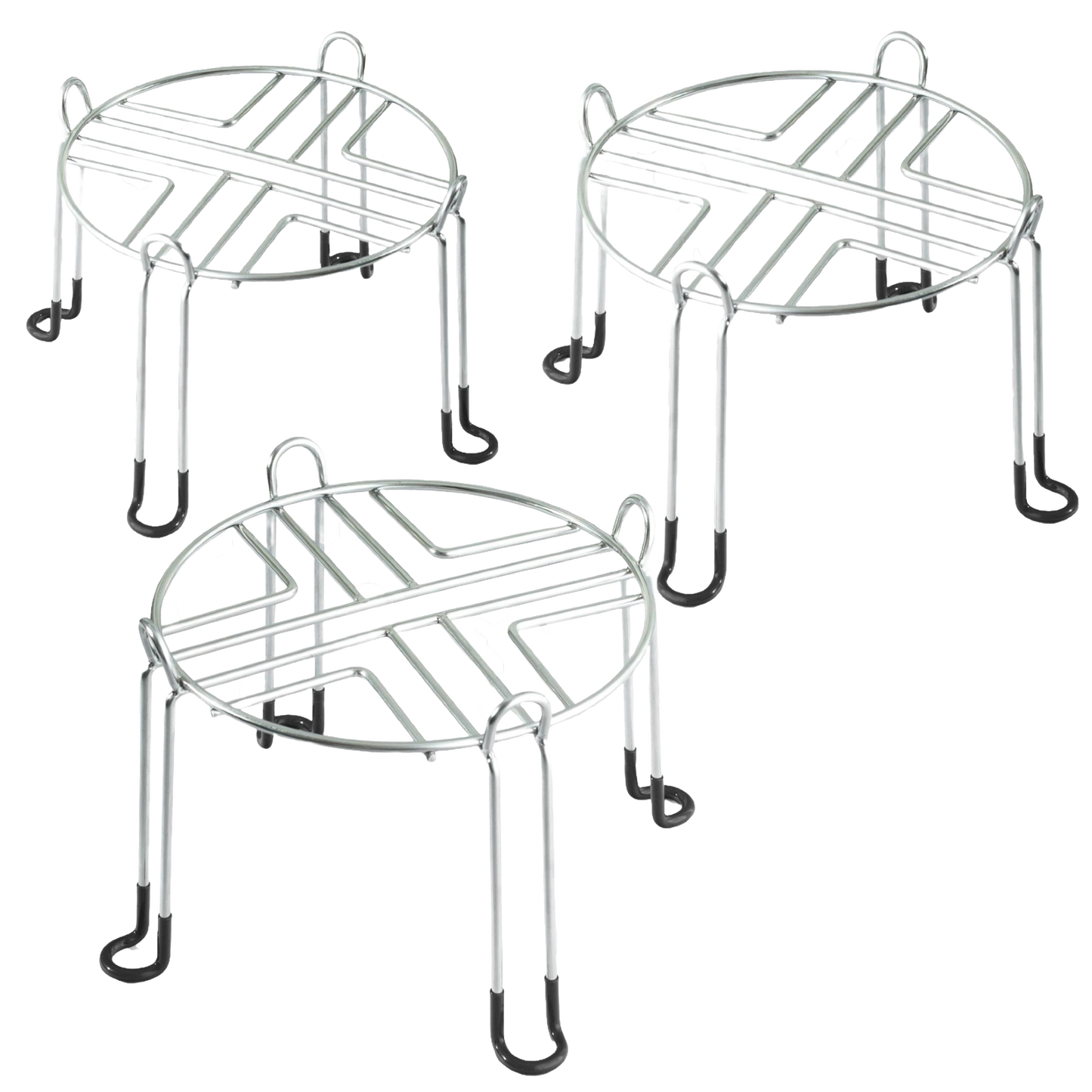 Set of three sturdy stainless steel stands with raised design and rubber-tipped legs, crafted to elevate gravity water filters, featured in Appliances, Emergency Supplies, and Best Sellers collections.