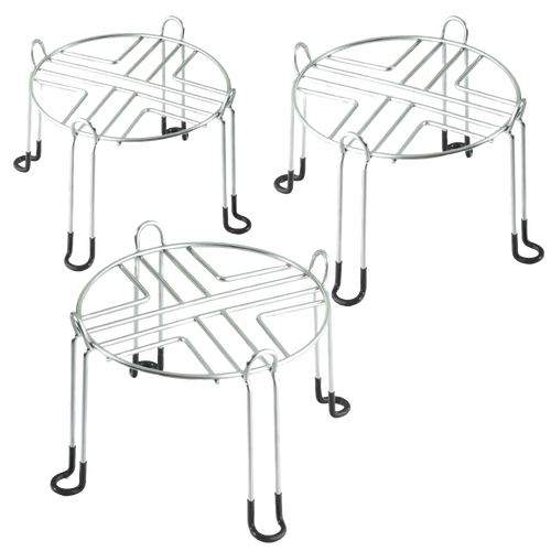 Set of three sturdy stainless steel stands with raised design and rubber-tipped legs, crafted to elevate gravity water filters, featured in Appliances, Emergency Supplies, and Best Sellers collections.