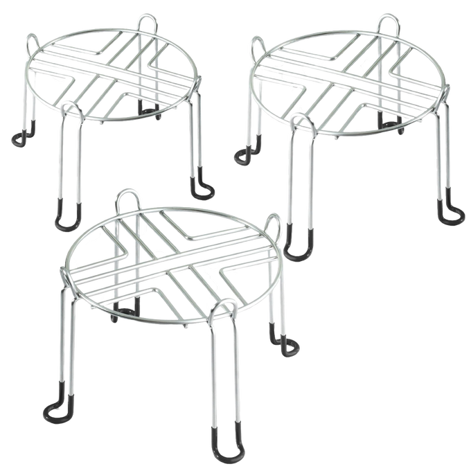 Set of three sturdy stainless steel stands with raised design and rubber-tipped legs, crafted to elevate gravity water filters, featured in Appliances, Emergency Supplies, and Best Sellers collections.