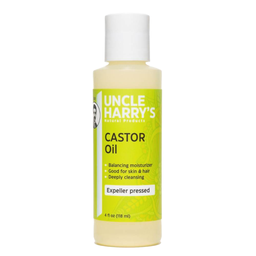 Bottle of Uncle Harry's moisturizing castor oil with yellow-green label highlighting expeller pressed oil, balancing moisturizer for skin and hair, in Health & Wellness and Grooming collections
