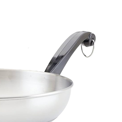 Close-up of a stainless steel skillet with a sleek black handle featuring a hanging loop, ideal for Kitchen & Food, Cookware, Pots and Pans, Best Sellers, and Promo Eligible collections.