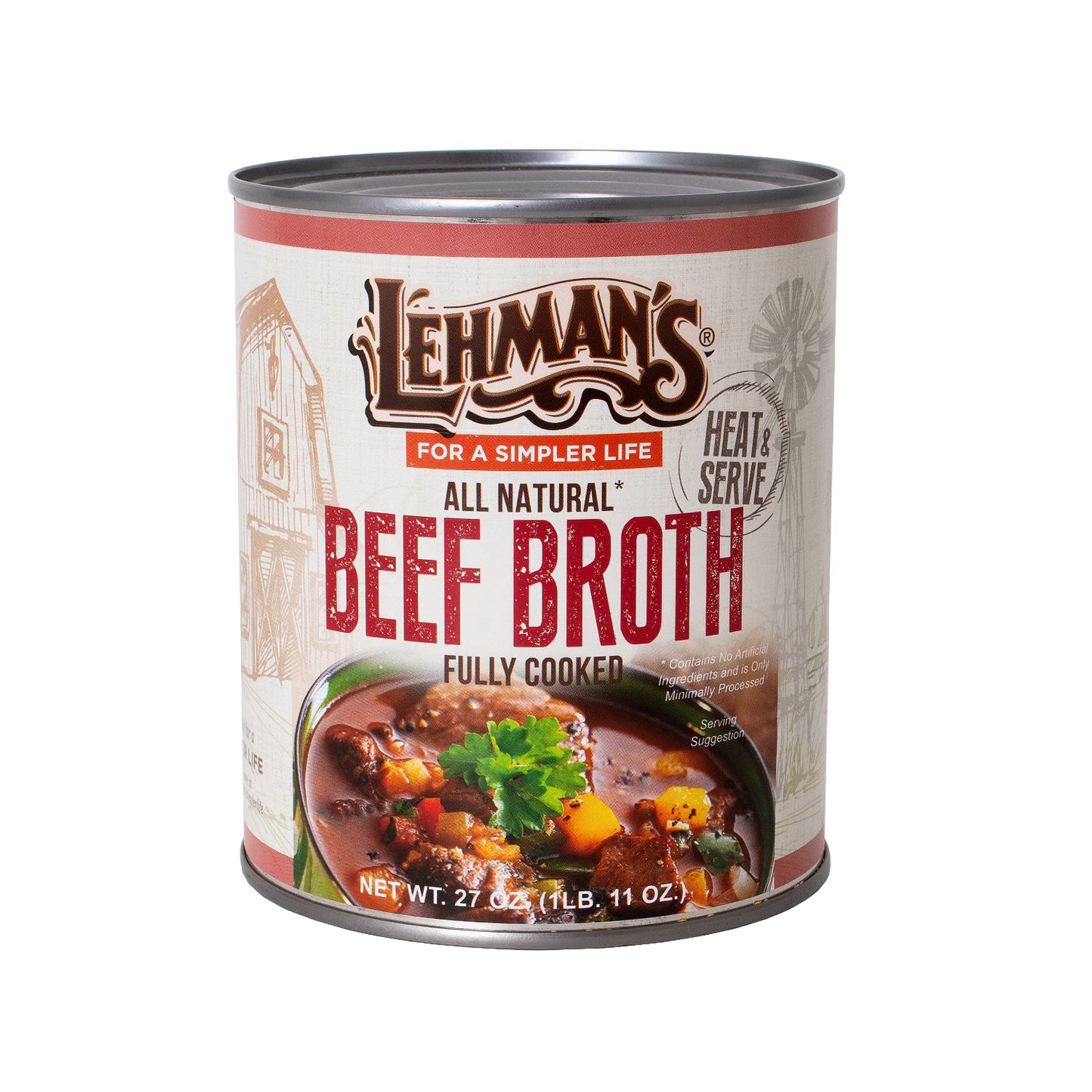 Can of handcrafted all-natural beef broth from Lehman's with an image of hearty vegetable and beef stew, perfect for Farm, Garden & Tool, Kitchen & Food, Emergency Supplies, Food, Meats, Best Sellers, and Promo Eligible collections.