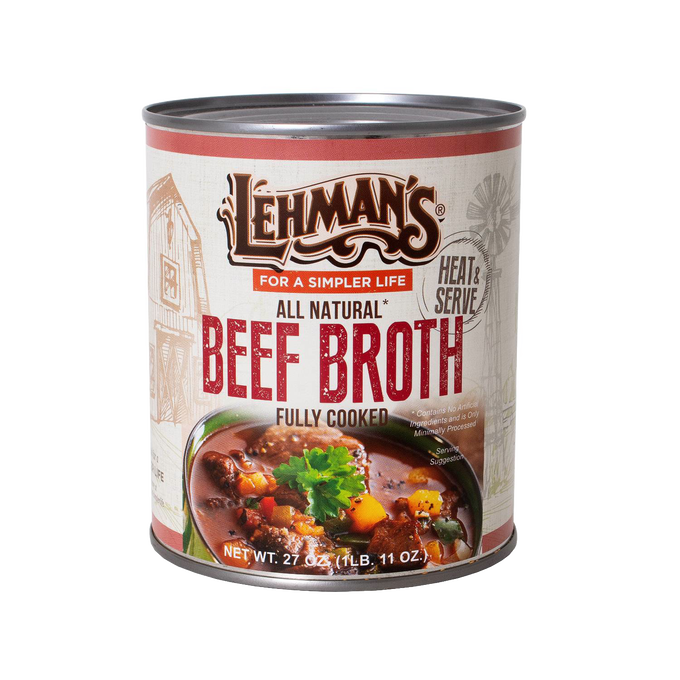 Can of handcrafted all-natural beef broth from Lehman's with an image of hearty vegetable and beef stew, perfect for Farm, Garden & Tool, Kitchen & Food, Emergency Supplies, Food, Meats, Best Sellers, and Promo Eligible collections.