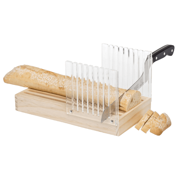Handcrafted wooden bread slicing guide with clear acrylic panels for uniform slices, featuring a removable crumb tray, shown slicing a baguette with a serrated knife in Kitchen & Food collections.