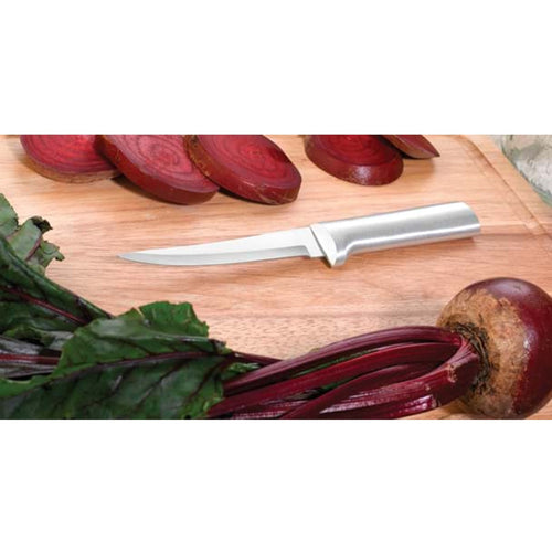 Handcrafted knife with a solid aluminum handle and a sharp stainless steel blade, slicing fresh beets on a wooden cutting board, perfect for kitchen and food prep collections.