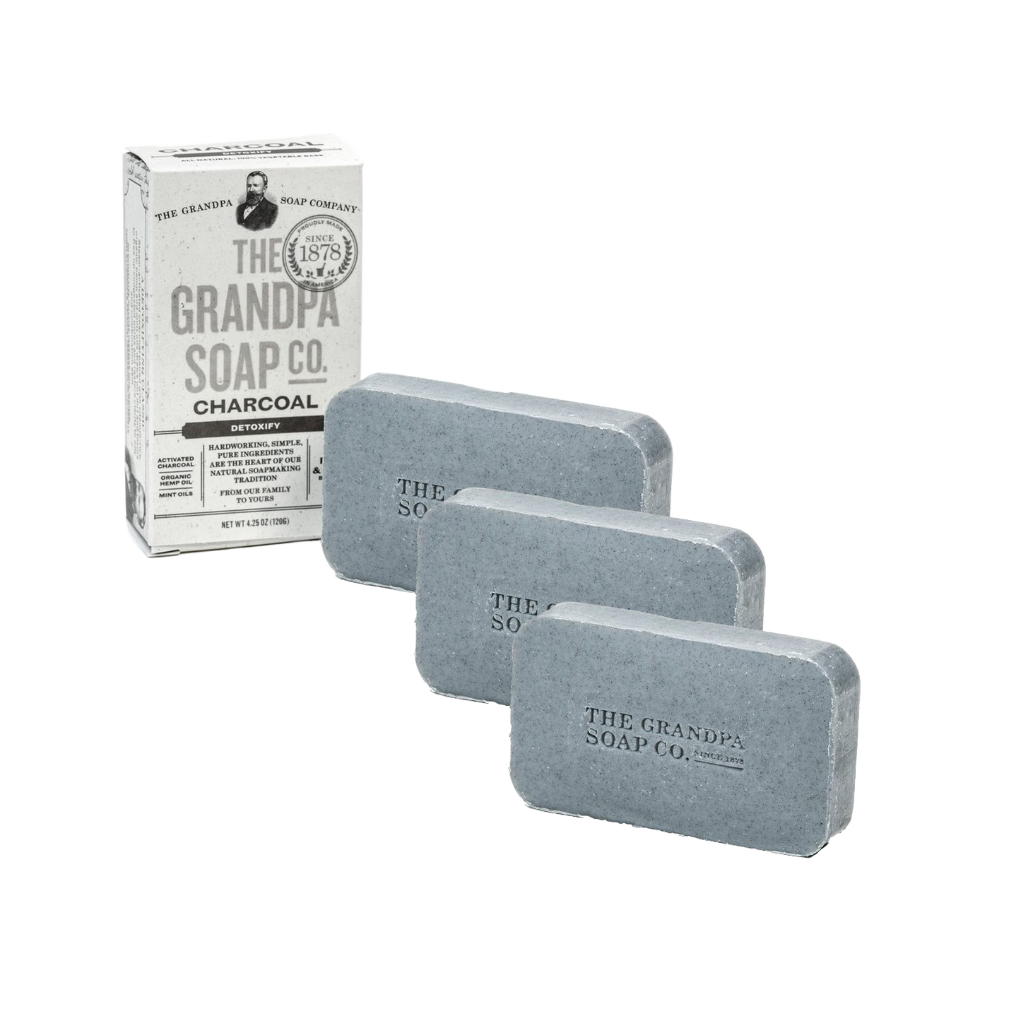 Three bars of handcrafted charcoal soap with a simple box packaging, ideal for Health & Wellness, Grooming and Personal Hygiene, Soaps, USA Made, and Best Sellers collections.