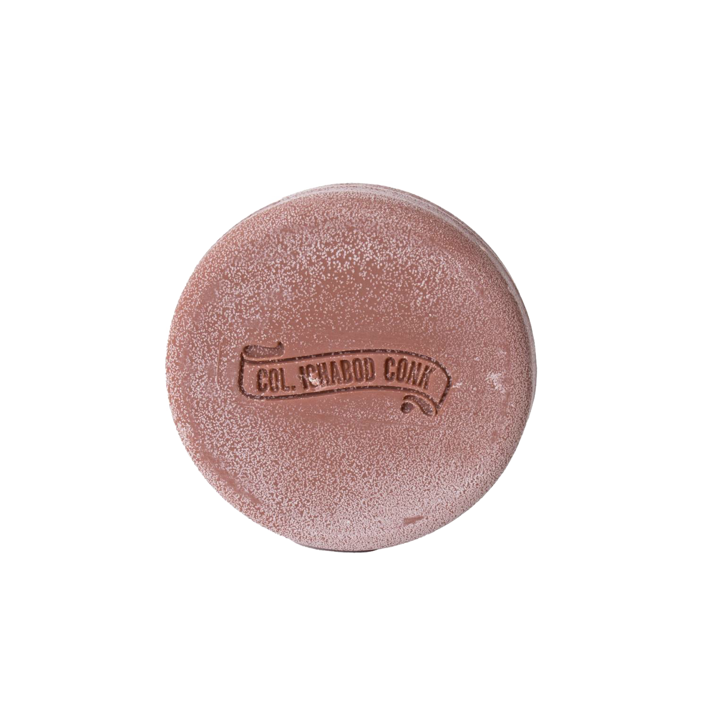Round brown shaving soap bar embossed with vintage branding, featuring moisturizing ingredients like shea butter and avocado oil, ideal for Health & Wellness and Grooming collections.