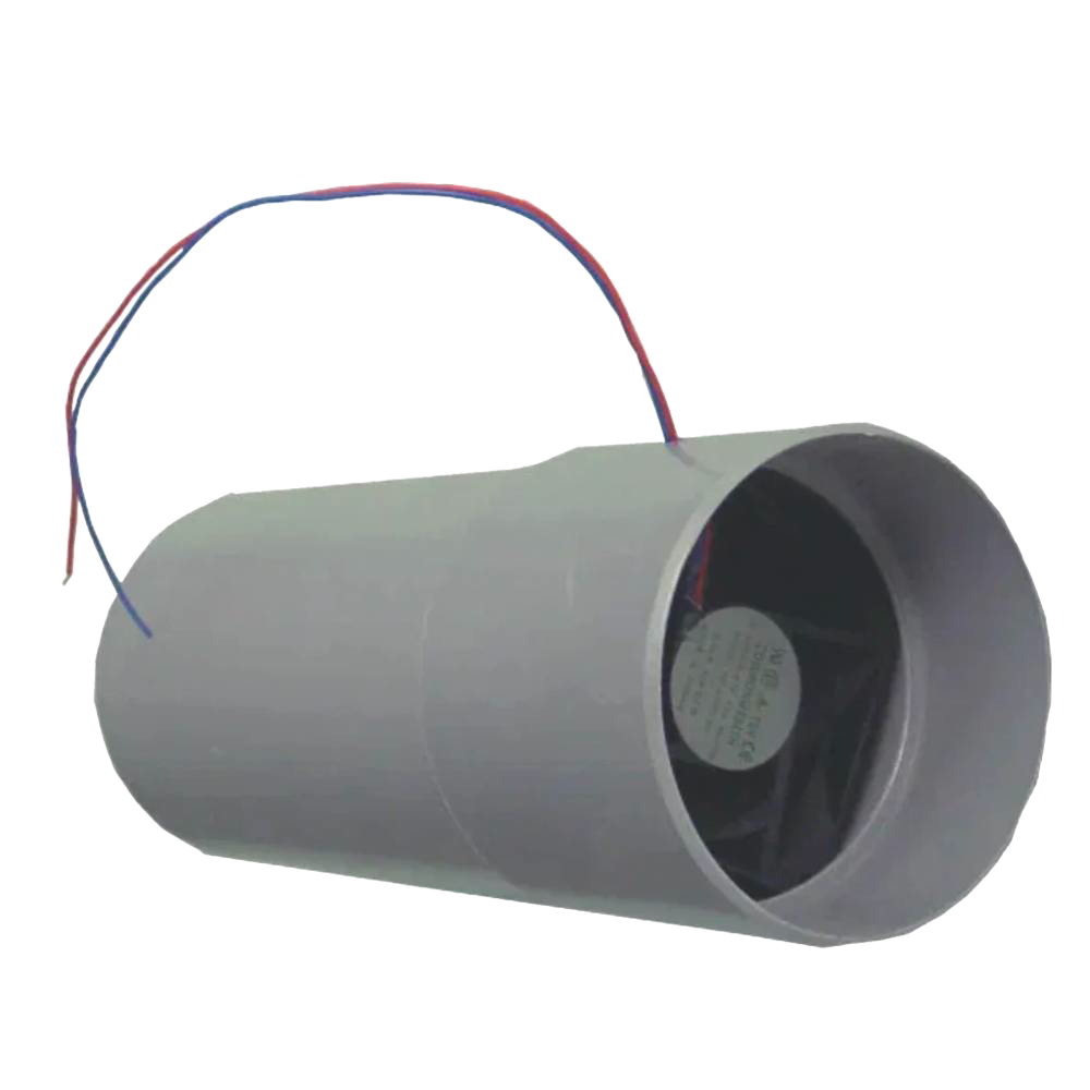Compact gray ventilation fan with wiring designed to prevent downdraft in non-electric composting toilets, featured in Appliances and Composting Toilets collections.