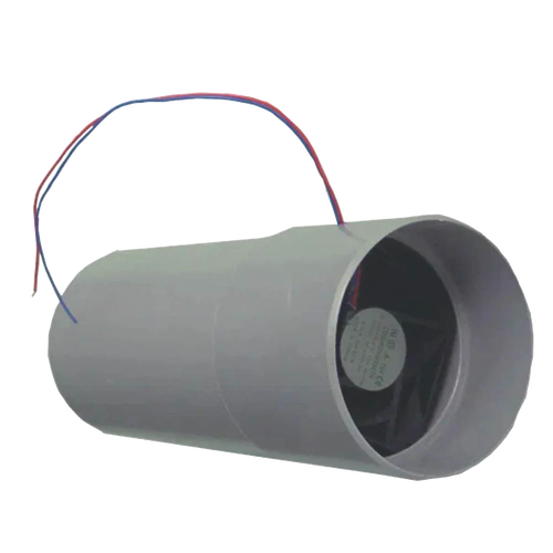 Compact gray ventilation fan with wiring designed to prevent downdraft in non-electric composting toilets, featured in Appliances and Composting Toilets collections.