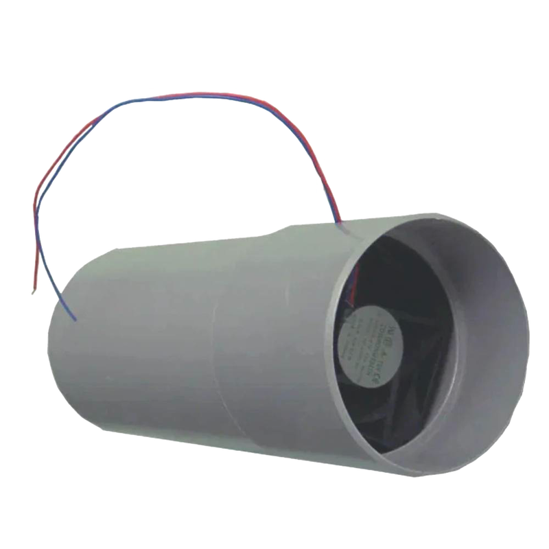 Compact gray ventilation fan with wiring designed to prevent downdraft in non-electric composting toilets, featured in Appliances and Composting Toilets collections.