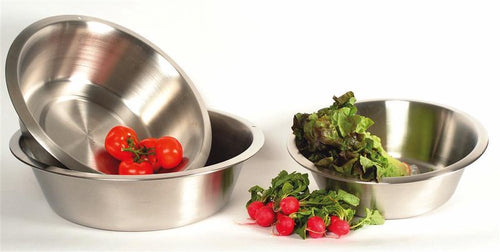 Set of three stainless steel dishpans with a smooth finish, each holding fresh vegetables, ideal for Home & Decor, Household Cleaning, and Cleaning Utensils and Gadgets collections.